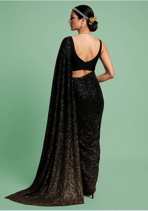 Black Sequin Net Pre Draped Saree Set