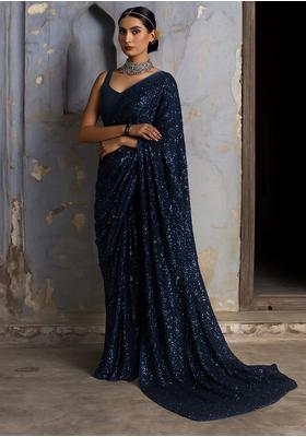 Blue Embroidered Net Pre Draped Saree Set