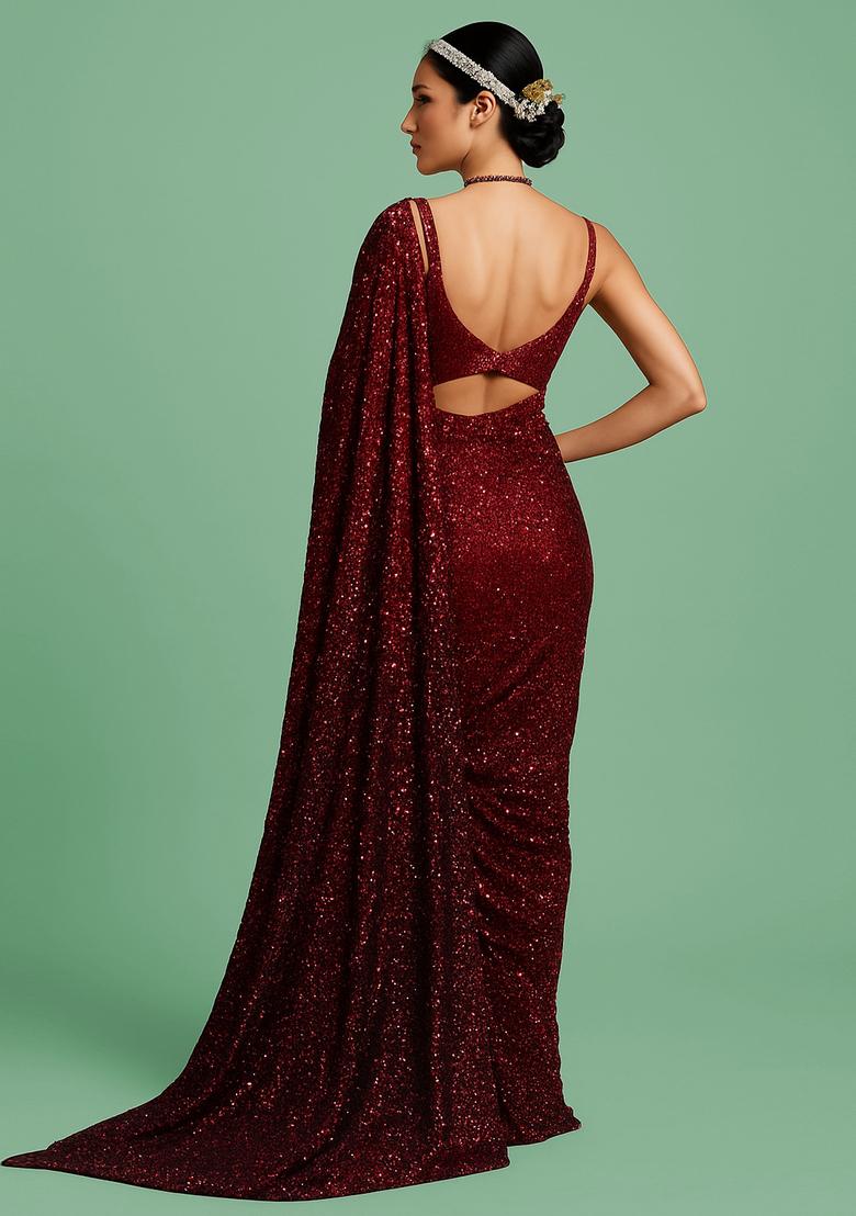 Deep Wine Embroidered Net Pre Draped Saree Set - Indya