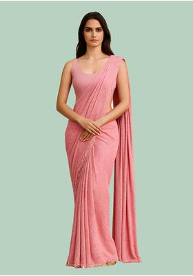 Pink Sequin Embroidered Georgette Pre Draped Saree Set