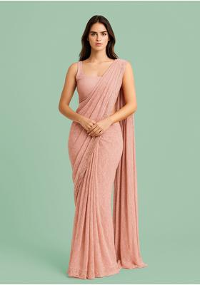 Pink Sequin Embroidered Georgette Pre Draped Saree Set