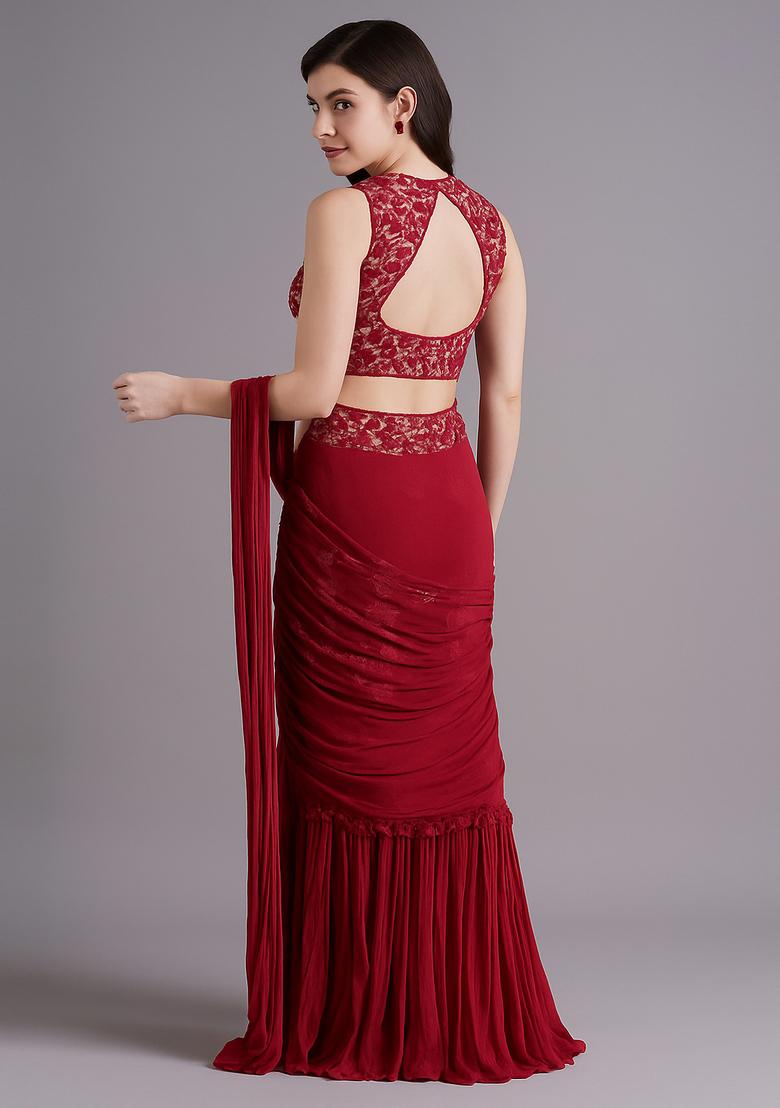 Red Sequin Embroidered Georgette Pre Draped Saree Set - Indya