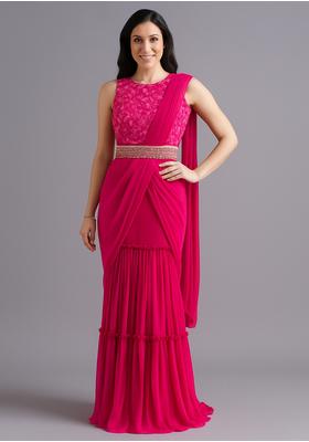 Pink Sequin Embroidered Georgette Pre Draped Saree Set