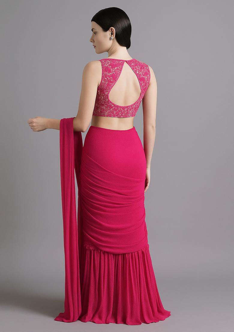 Pink Sequin Embroidered Georgette Pre Draped Saree Set - Indya