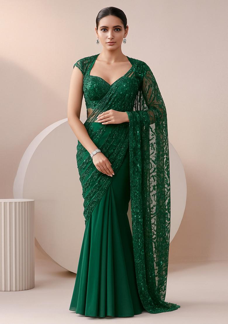 Green Sequin Embroidered Net Pre Draped Saree Set