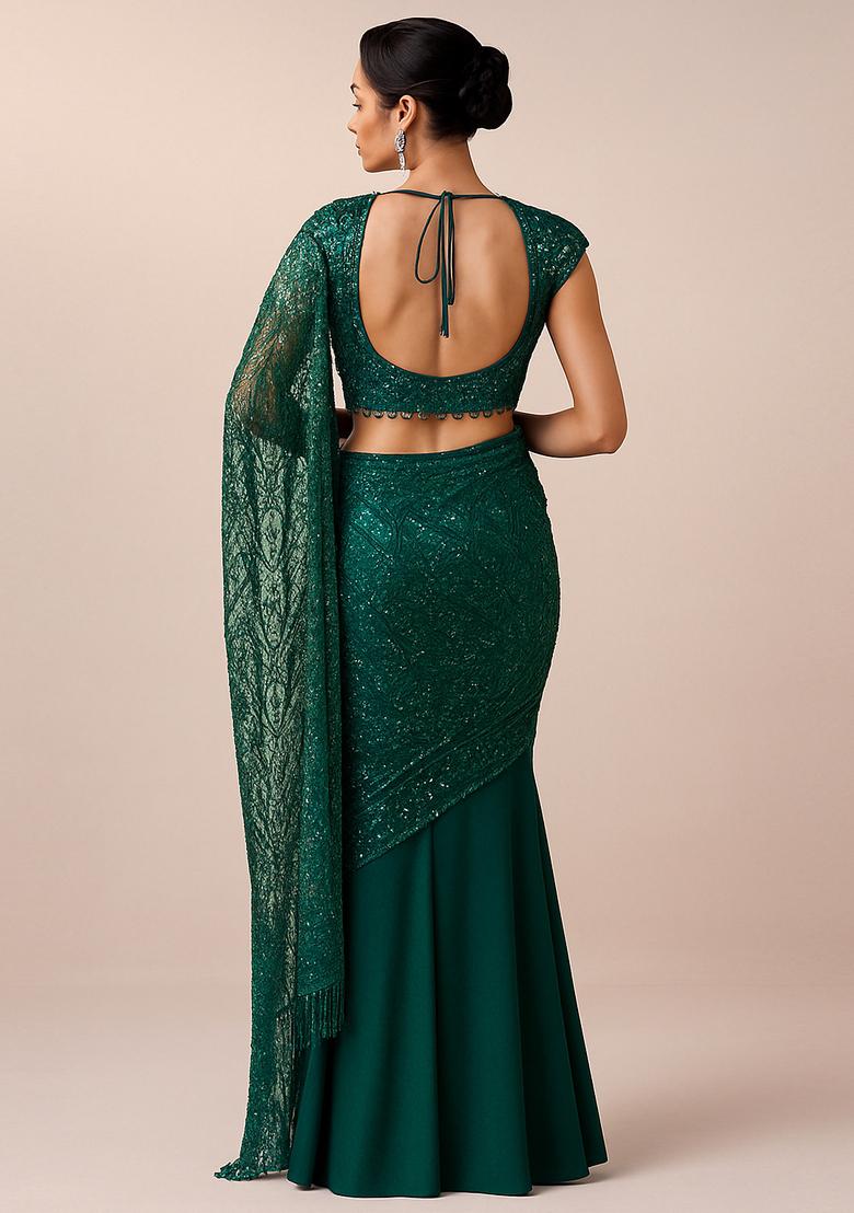 Green Sequin Embroidered Net Pre Draped Saree Set - Indya