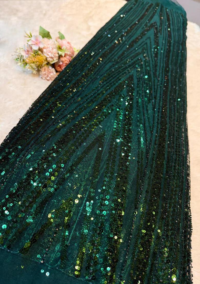 Green Sequin Embroidered Net Pre Draped Saree Set - Indya