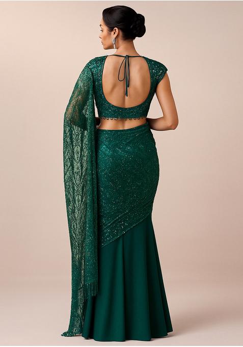 Green Sequin Embroidered Net Pre Draped Saree Set