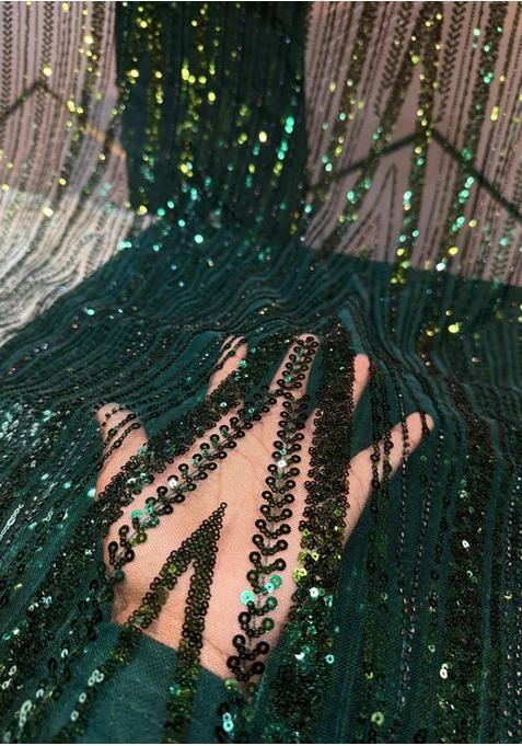 Green Sequin Embroidered Net Pre Draped Saree Set