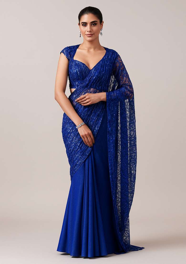 Blue Sequin Embroidered Net Pre Draped Saree Set - Indya