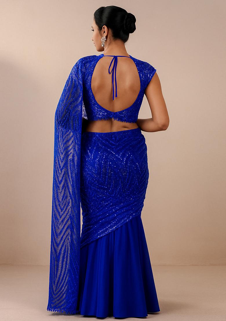 Blue Sequin Embroidered Net Pre Draped Saree Set - Indya
