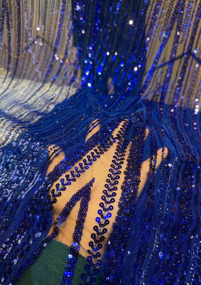 Blue Sequin Embroidered Net Pre Draped Saree Set - Indya