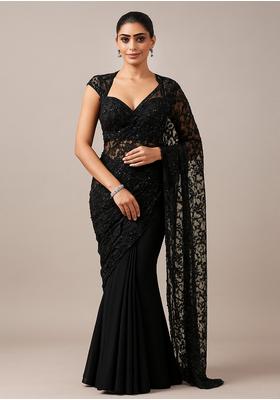 Black Sequin Embroidered Net Pre Draped Saree Set