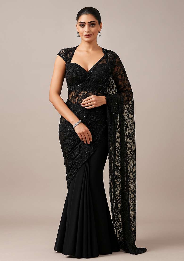Black Sequin Embroidered Net Pre Draped Saree Set - Indya