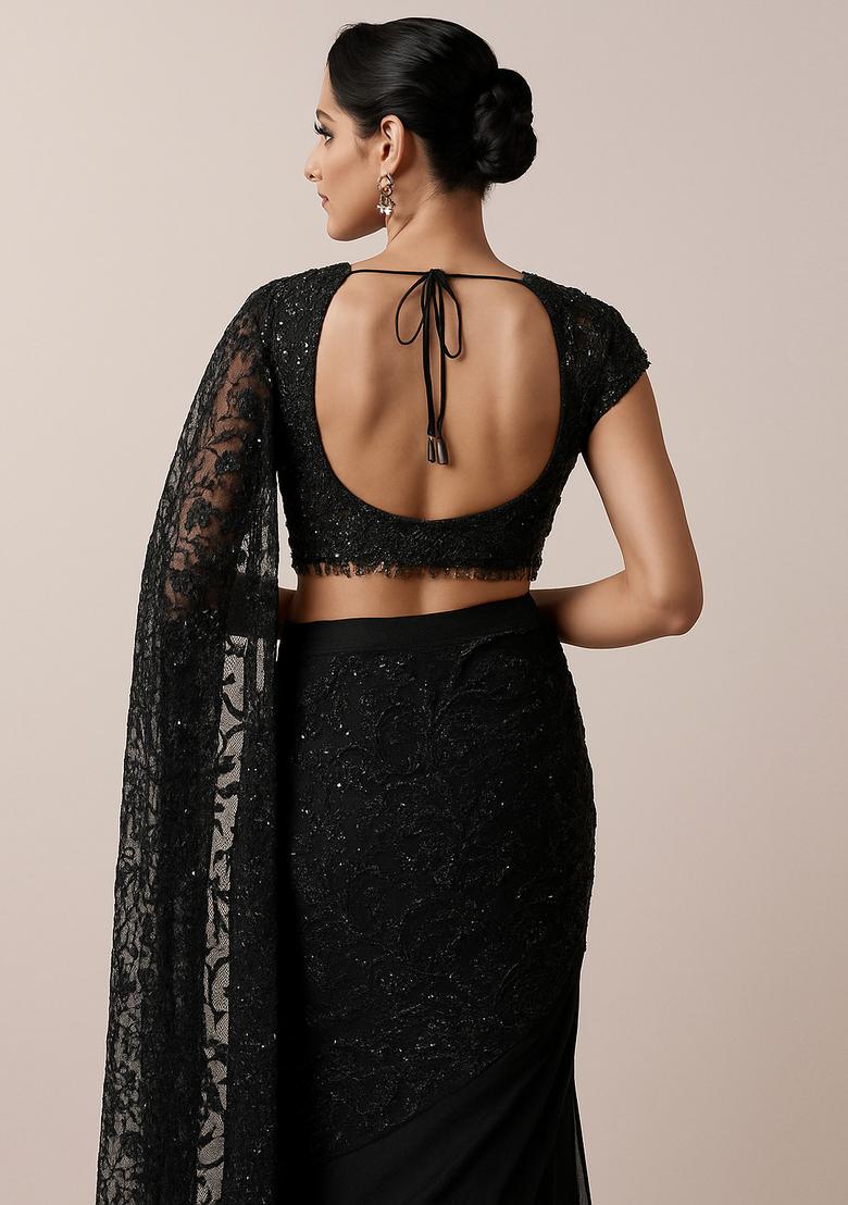 Black Sequin Embroidered Net Pre Draped Saree Set - Indya