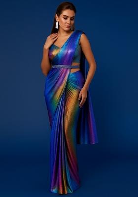 Multicolor Sequin Embroidered Satin Pre Draped Saree Set