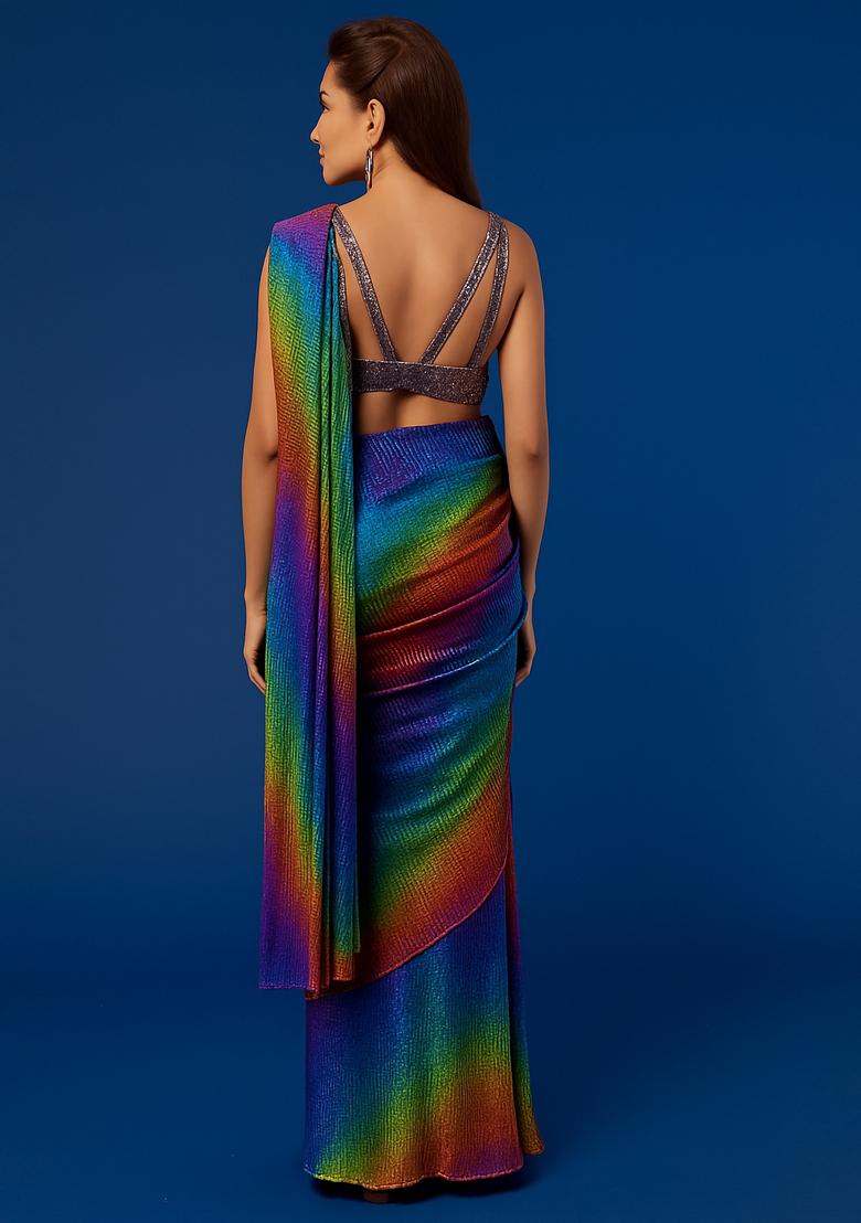 Multicolor Sequin Embroidered Satin Pre Draped Saree Set - Indya