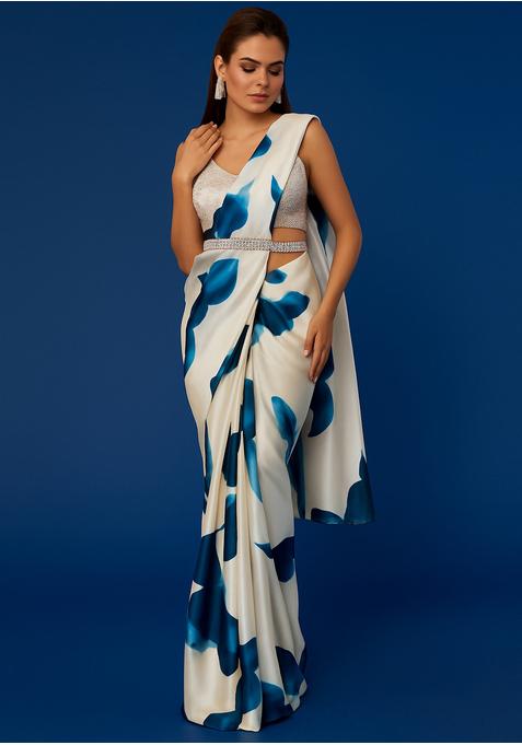 White Printed Georgette Pre Draped Saree Set