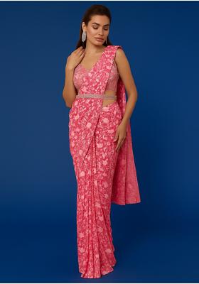 Pink Sequin Embroidered Georgette Pre Draped Saree Set