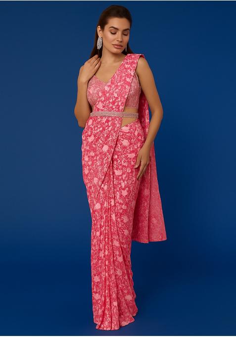 Pink Printed Georgette Pre Draped Saree Set