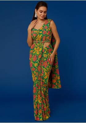 Green Sequin Embroidered Georgette Pre Draped Saree Set