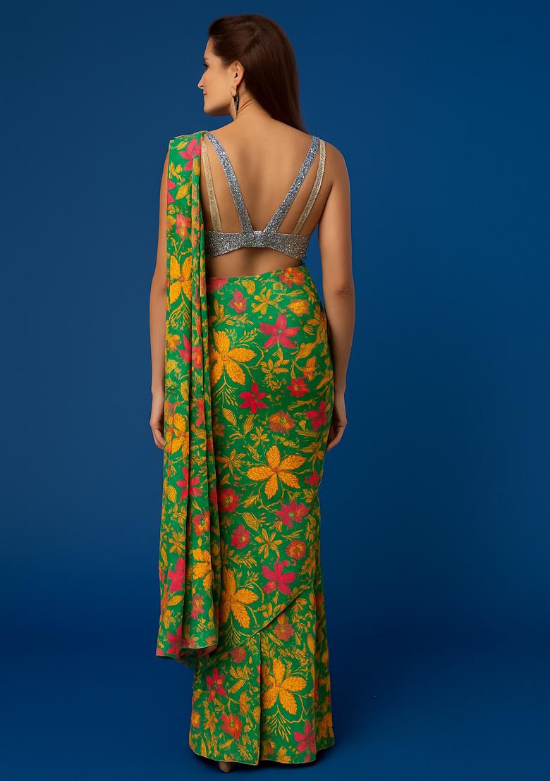 Green Sequin Embroidered Georgette Pre Draped Saree Set - Indya