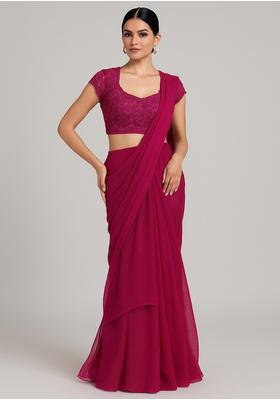 Maroon Embroidered Georgette Pre Draped Saree Set