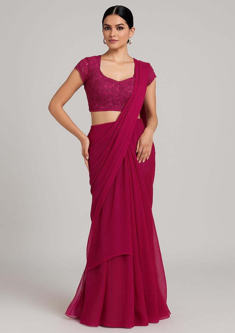Maroon Sequin Embroidered Blouse Georgette Pre Draped Saree Set