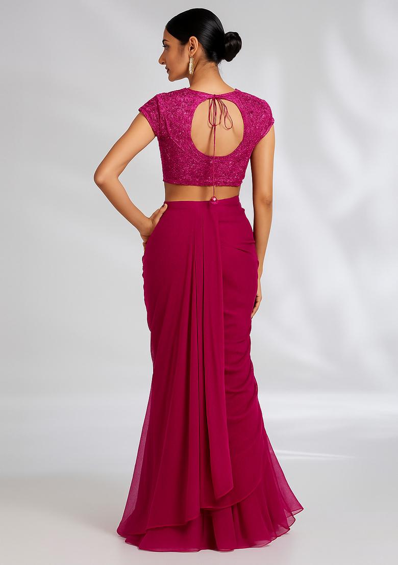 Maroon Sequin Embroidered Blouse Georgette Pre Draped Saree Set