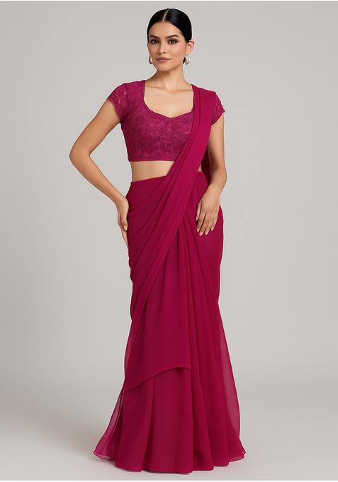 Maroon Sequin Embroidered Blouse Georgette Pre Draped Saree Set