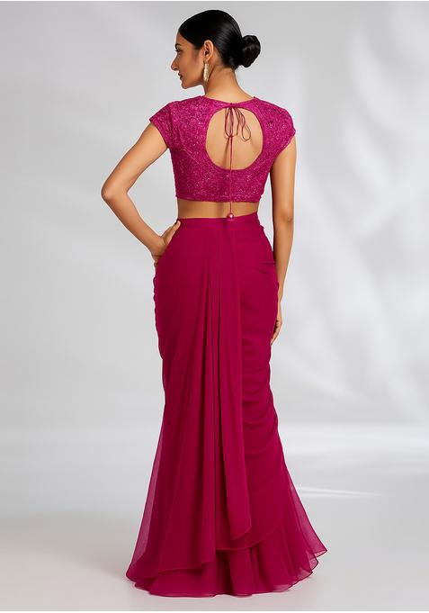 Maroon Sequin Embroidered Blouse Georgette Pre Draped Saree Set