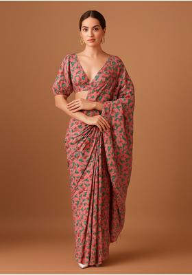 Coral Pink Embroidered Cotton Pre Draped Saree Set