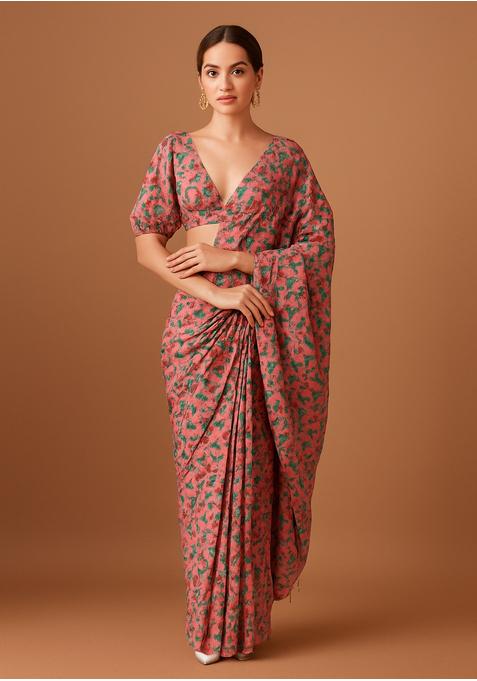 Coral Pink Printed Cotton Pre Draped Saree Set