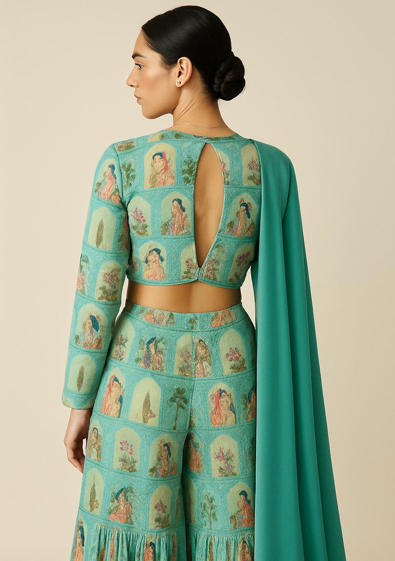 Sky Blue Embroidered Tussar Pre Draped Saree Set - Indya