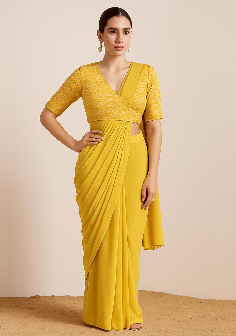 Yellow Sequin Embroidered Blouse Georgette Pre Draped Saree Set