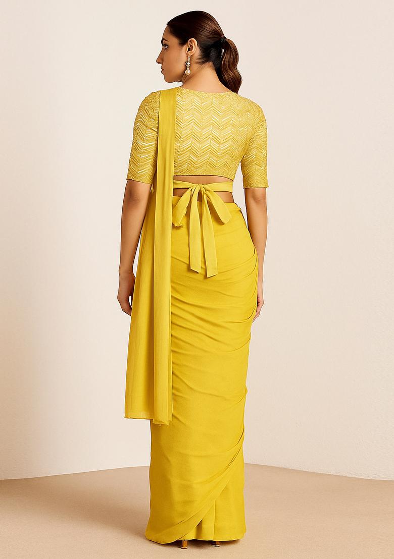 Yellow Embroidered Muslin Pre Draped Saree Set - Indya