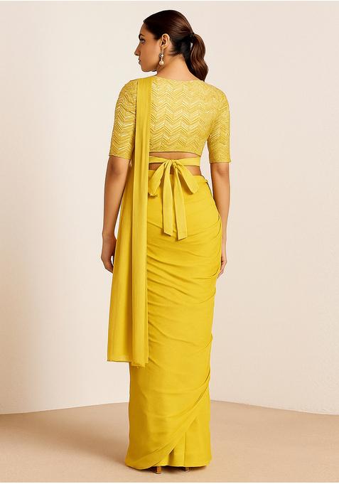 Yellow Sequin Embroidered Blouse Georgette Pre Draped Saree Set