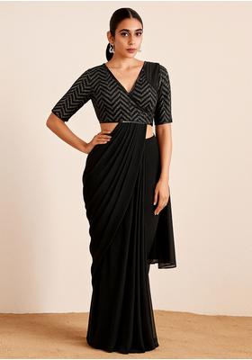 Black Embroidered Muslin Pre Draped Saree Set