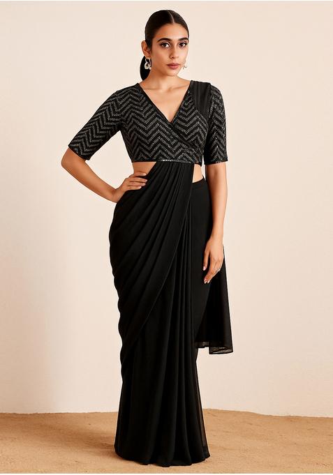 Black Embroidered Blouse Georgette Pre Draped Saree Set