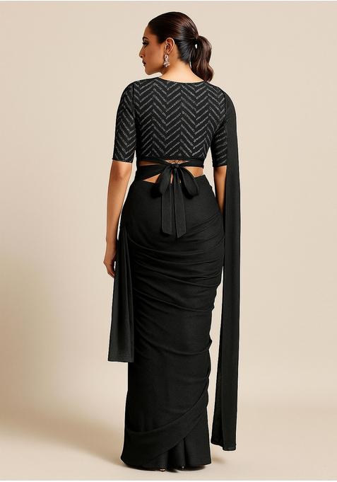 Black Embroidered Blouse Georgette Pre Draped Saree Set