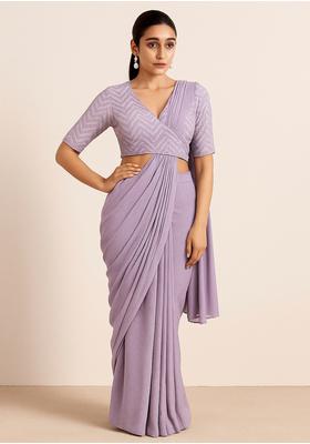 Lavender Embroidered Muslin Pre Draped Saree Set