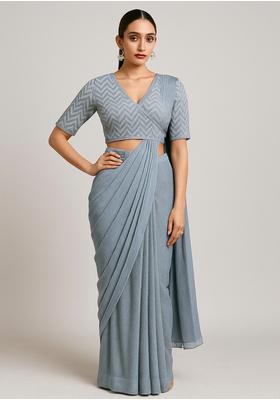 Grey Embellished Muslin Pre Draped Saree Set