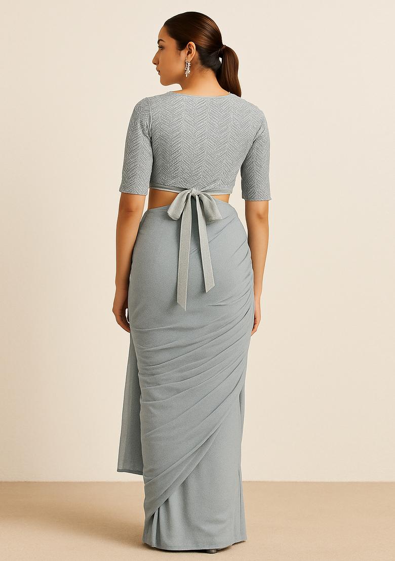 Grey Embellished Muslin Pre Draped Saree Set - Indya