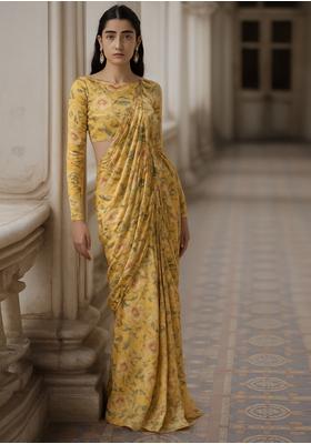 Yellow Embroidered Georgette Pre Draped Saree Set