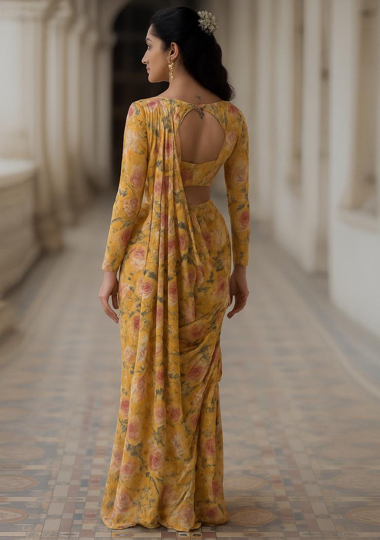 Yellow Embroidered Georgette Pre Draped Saree Set - Indya