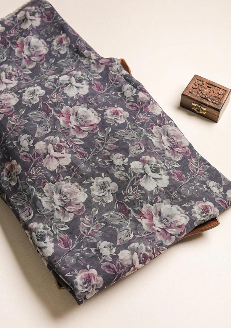 Charcol Grey Printed Georgette Pre Draped Saree Set