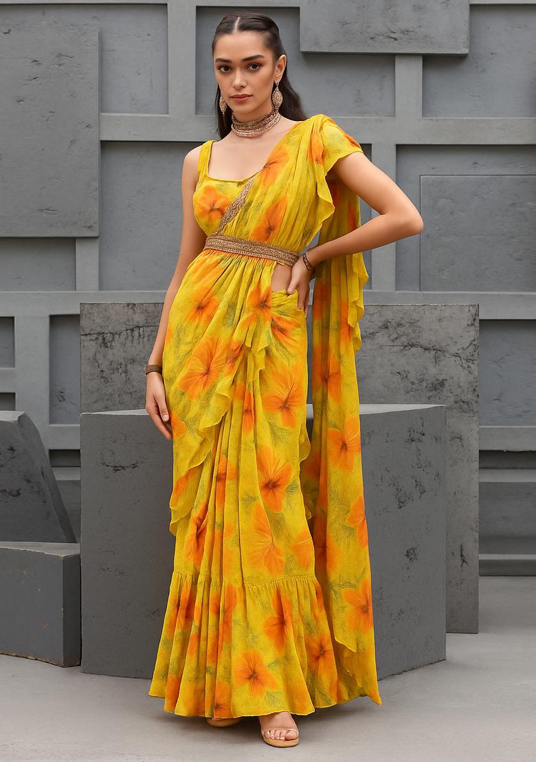 Yellow Sequin Embroidered Chinon Pre Draped Saree Set