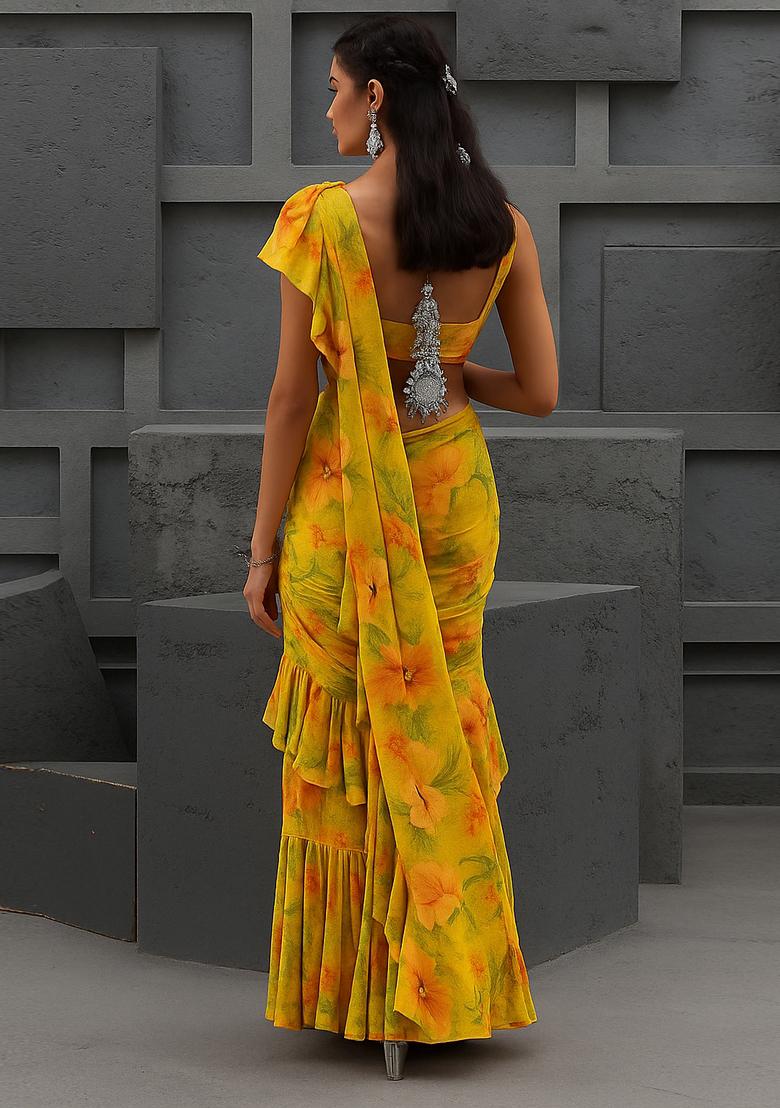 Yellow Sequin Embroidered Chinon Pre Draped Saree Set - Indya