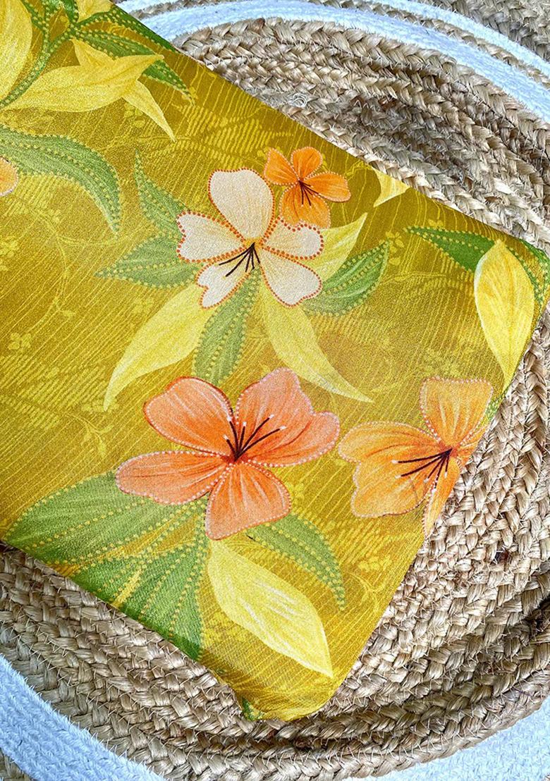 Yellow Sequin Embroidered Chinon Pre Draped Saree Set