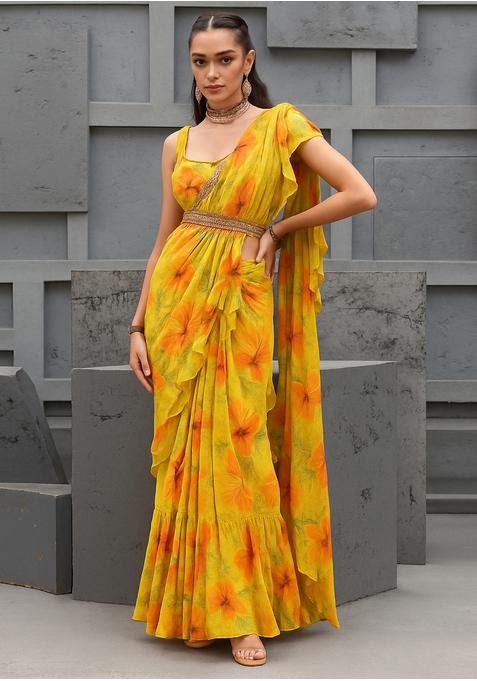 Yellow Sequin Embroidered Chinon Pre Draped Saree Set